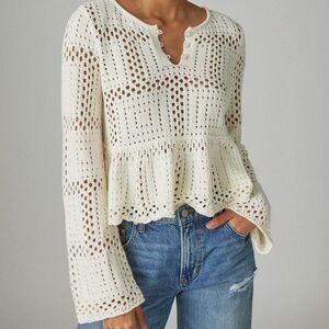 Lucky Brand Open Stitch Peplum Long Sleeve Sweater Ivory babydoll romantic M